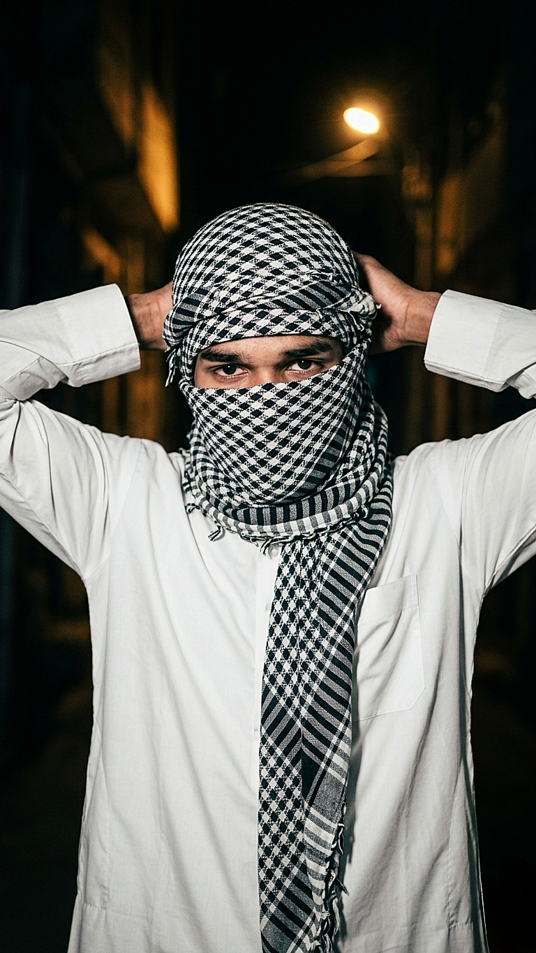 Dark Cinematic Portrait AI Photo Editing Prompt (Low-Light Keffiyeh Style)
