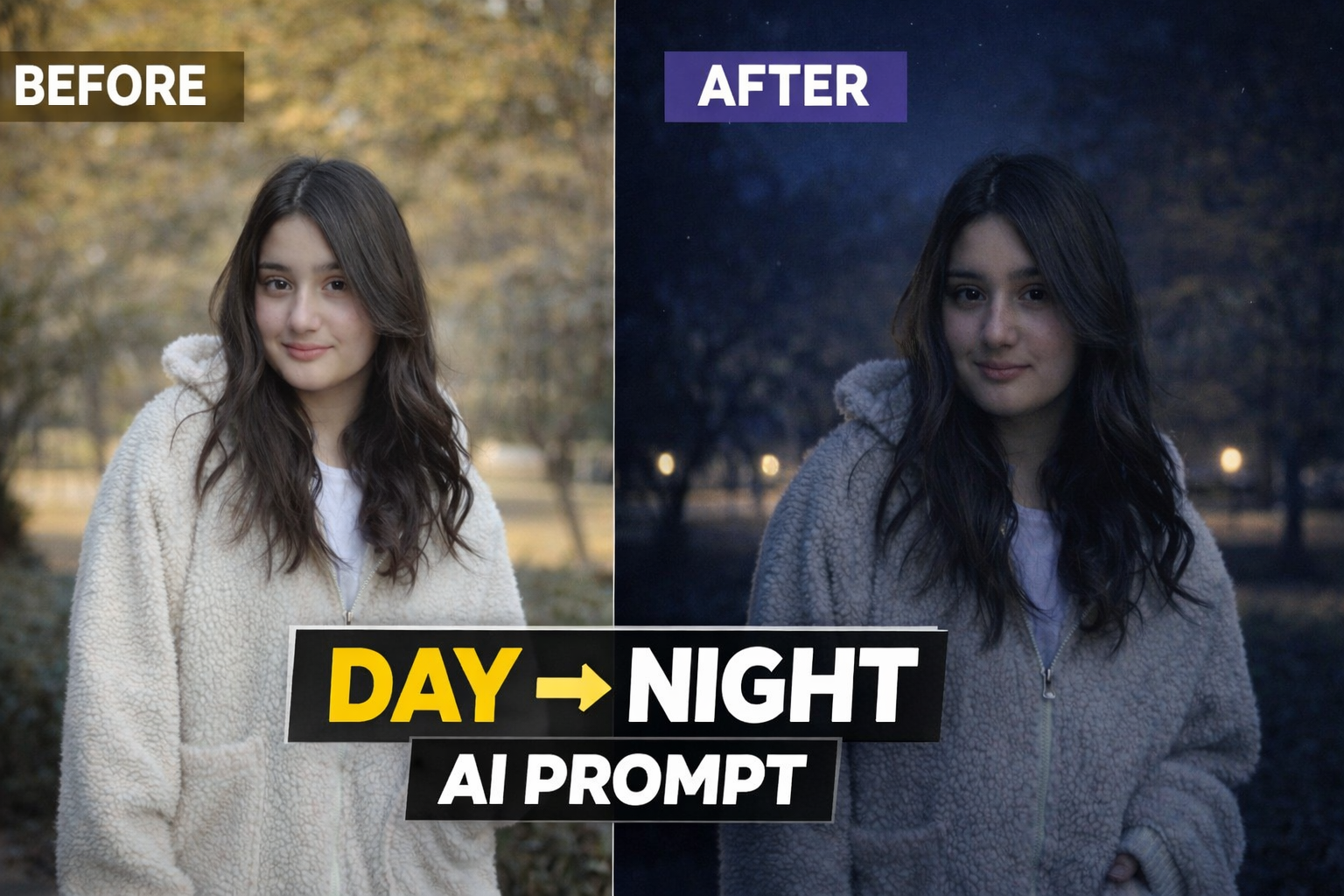 Viral Day to Night AI Photo Editing Prompt (Before vs After)